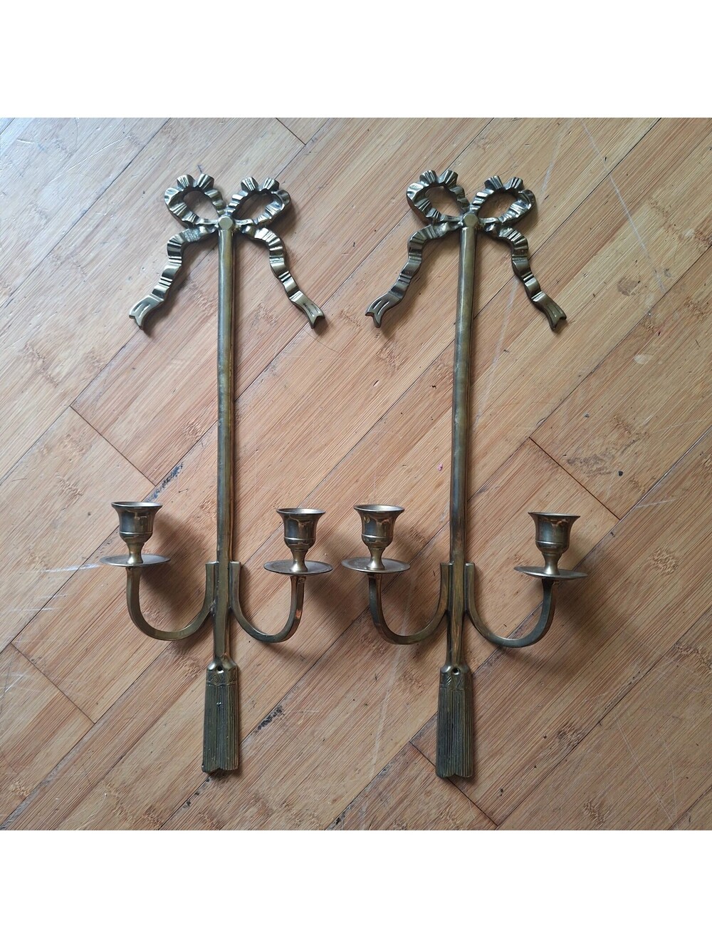 Two Brass Sconces Tapered Candle Holder 19" French Bow Tassel Wall Hang Vintage